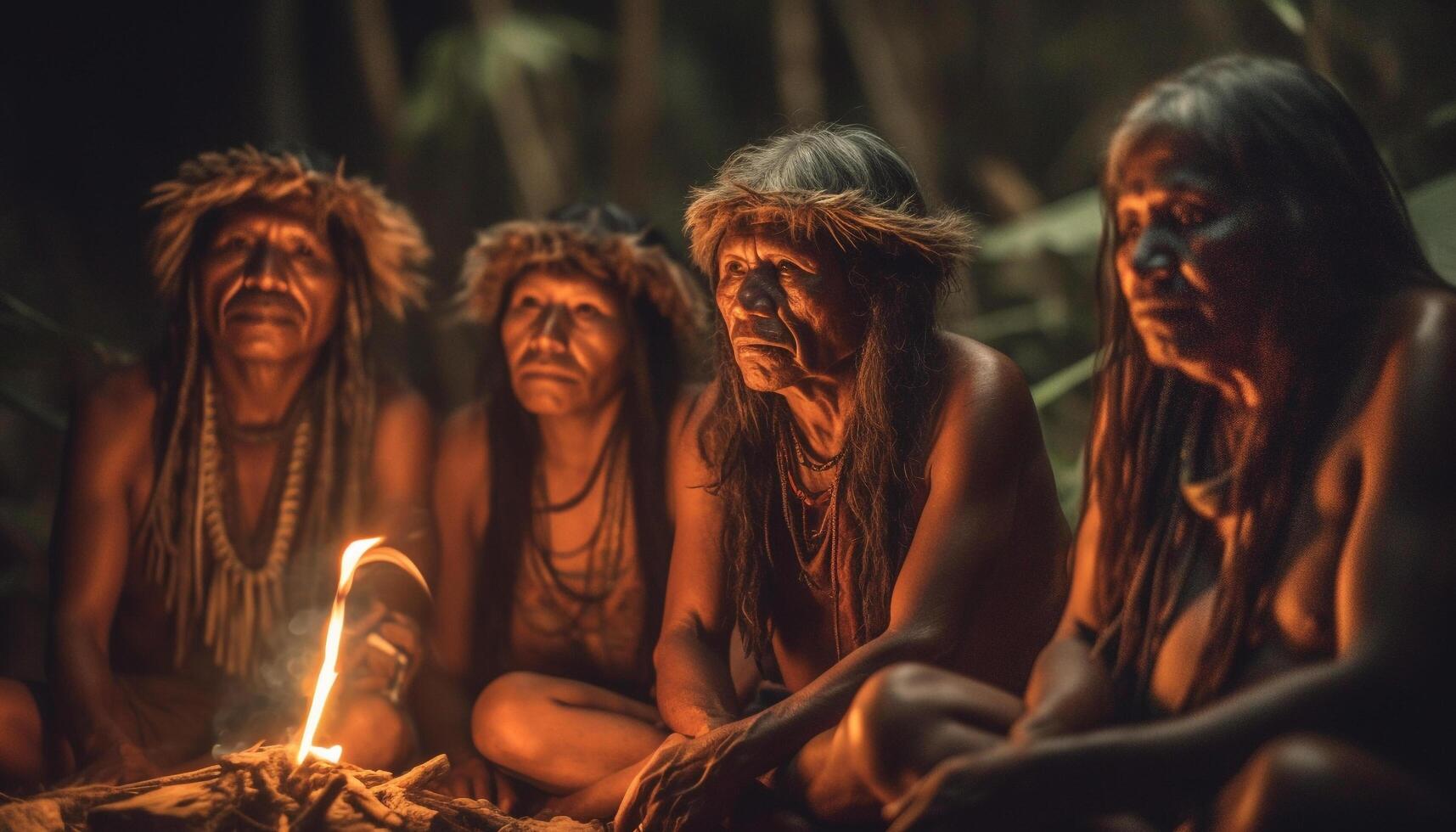 Group of people sitting outdoors, smiling around fire generated by AI photo