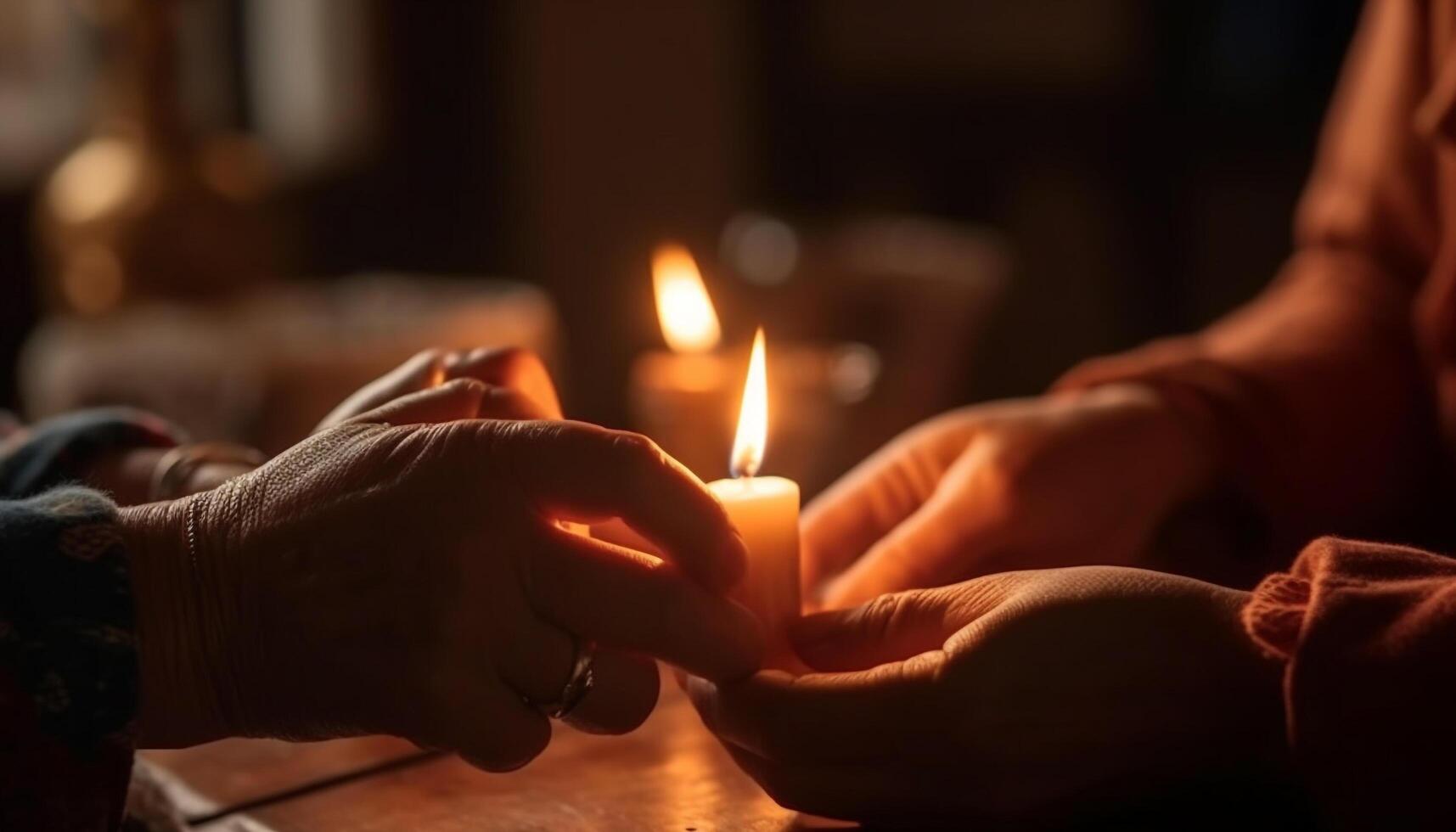Hand holding candle illuminates tranquil family celebration generated
