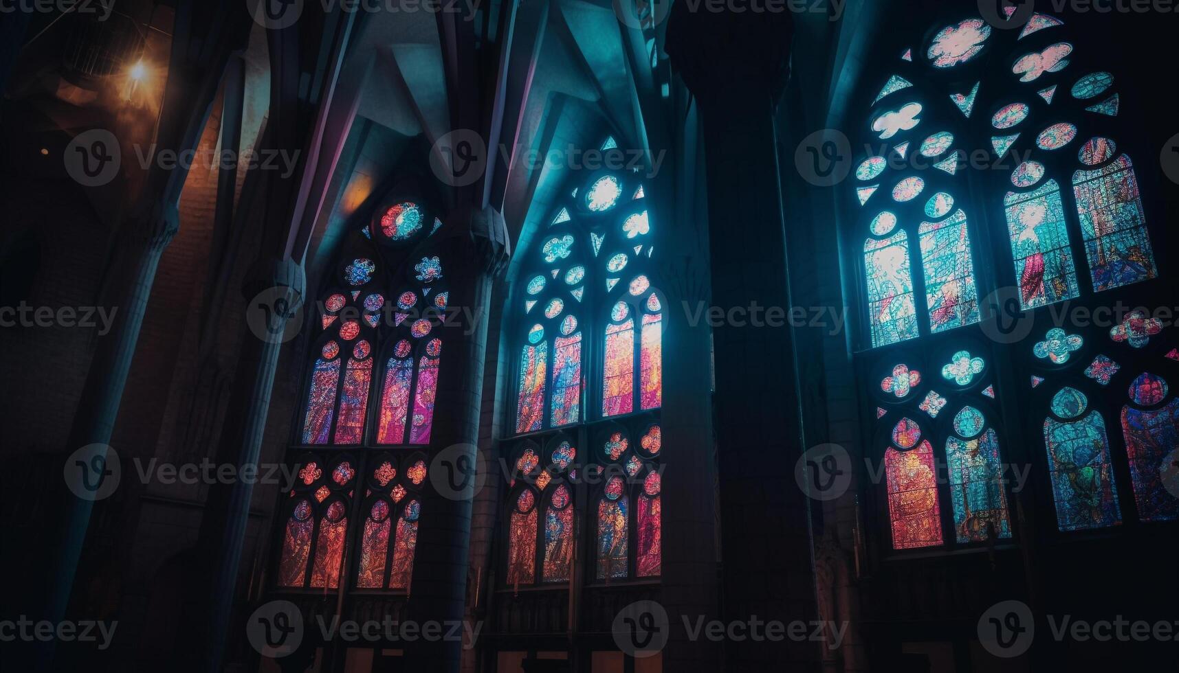 Stained glass illuminates majestic gothic basilica architecture generated by AI photo