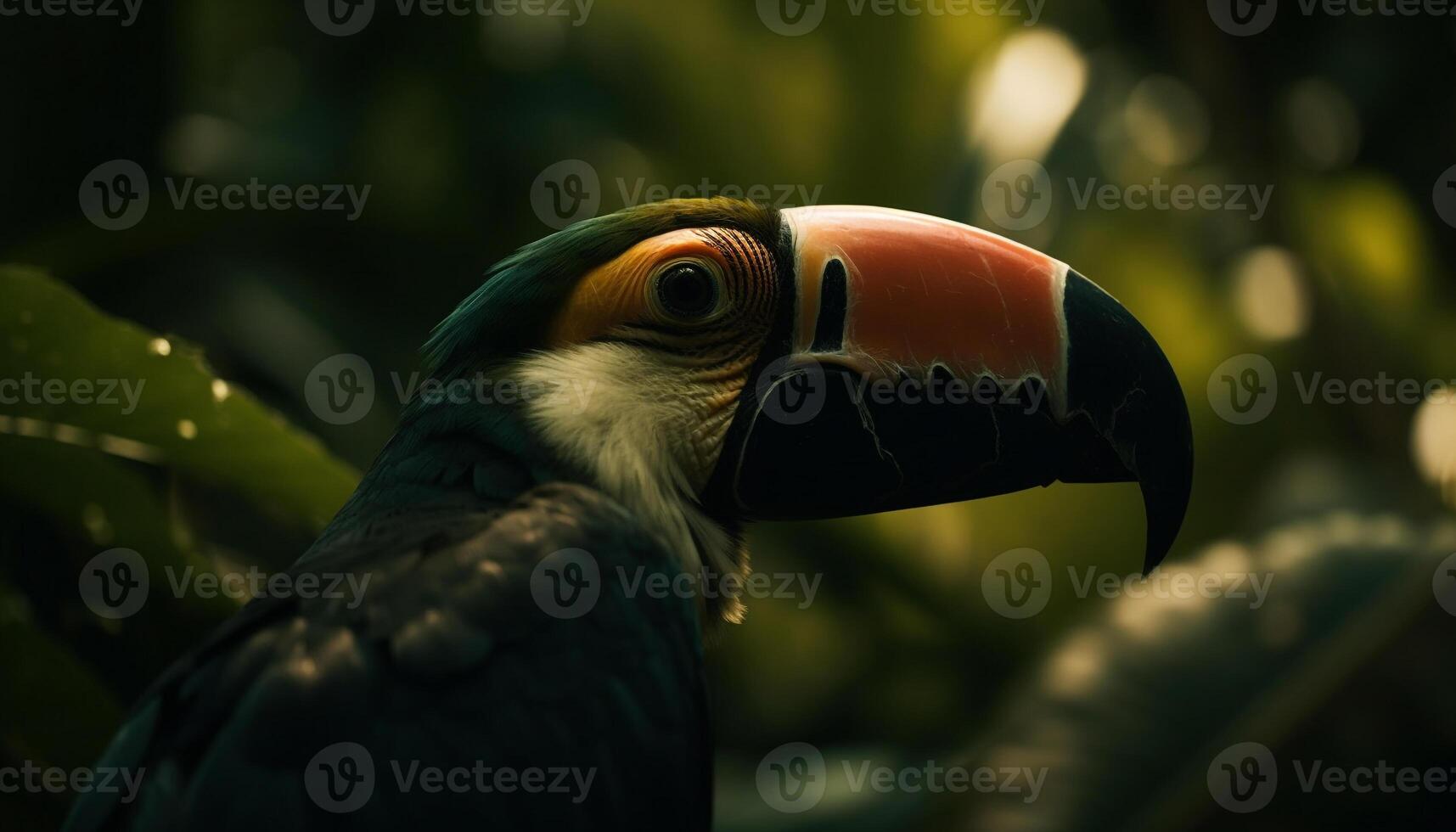 Vibrant toucan perched on branch in rainforest generated by AI photo