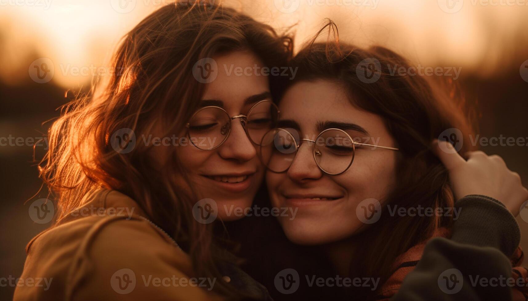 Two young women embracing, smiling in nature generated by AI photo