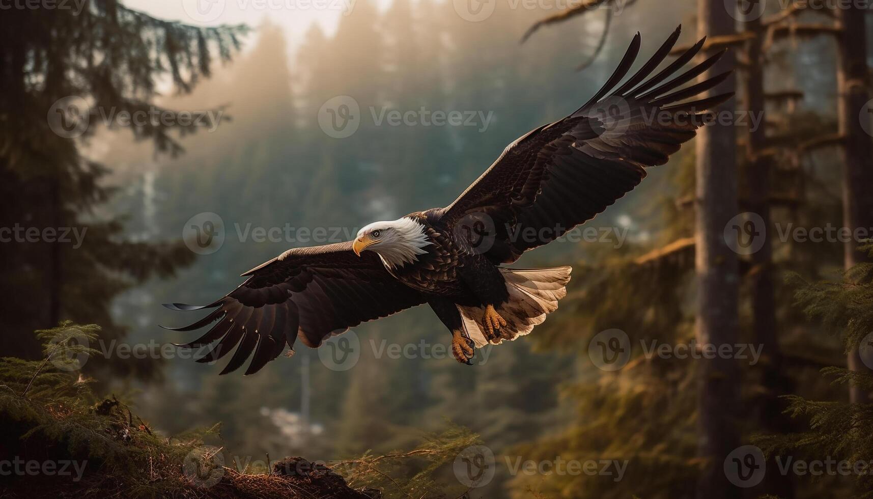 majestuoso calvo águila altísimo mediante el bosque generado por ai foto