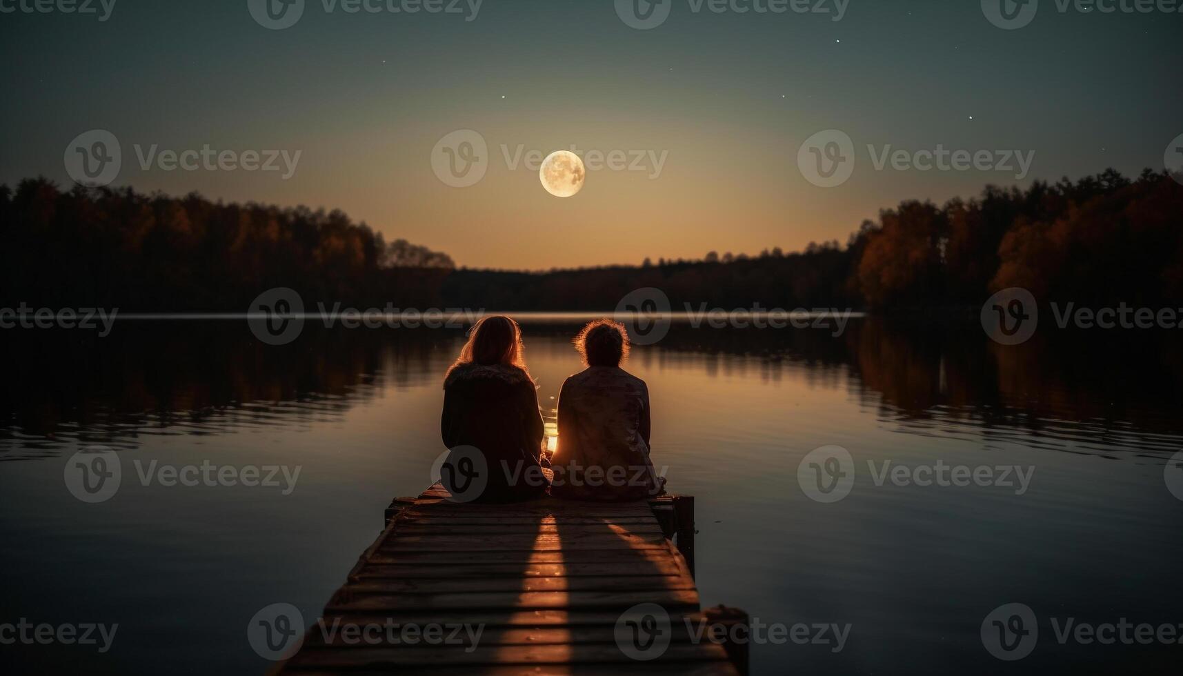 Silhouette couple sitting on jetty, enjoying sunset generated by AI photo