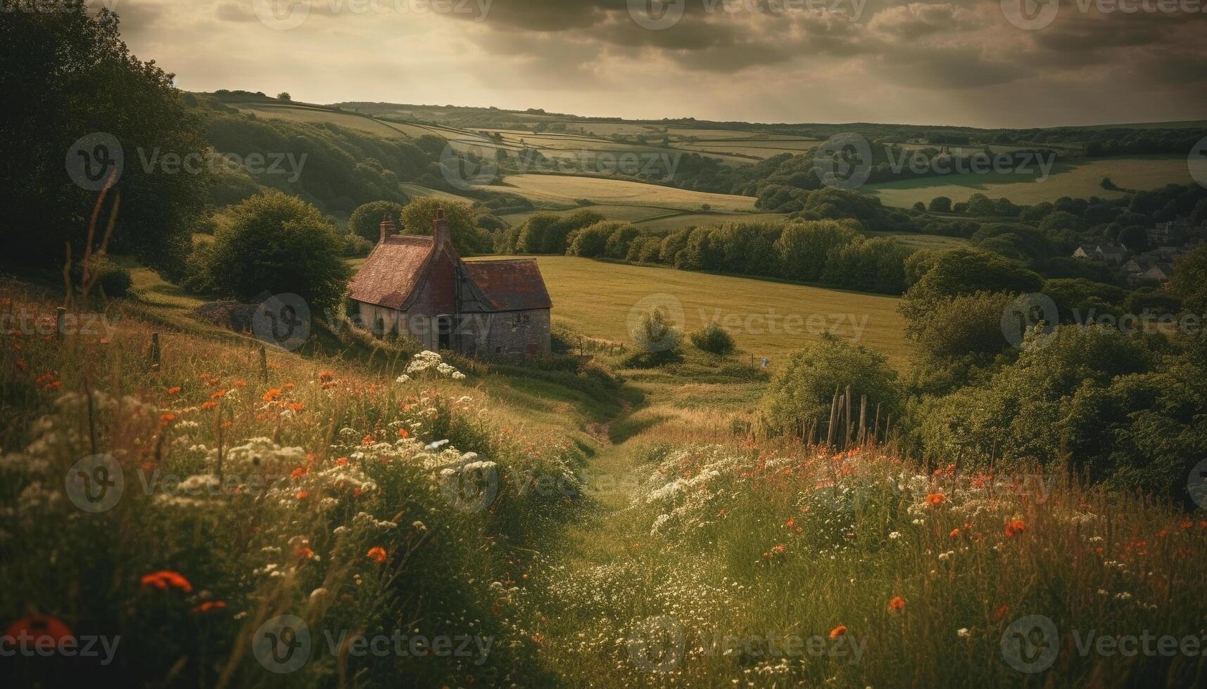 Tranquil meadow, rustic fence, yellow wildflowers bloom generated by AI photo