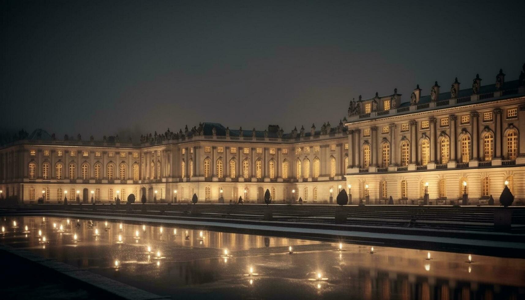 Majestic architecture illuminated in city dark reflection generated by AI photo