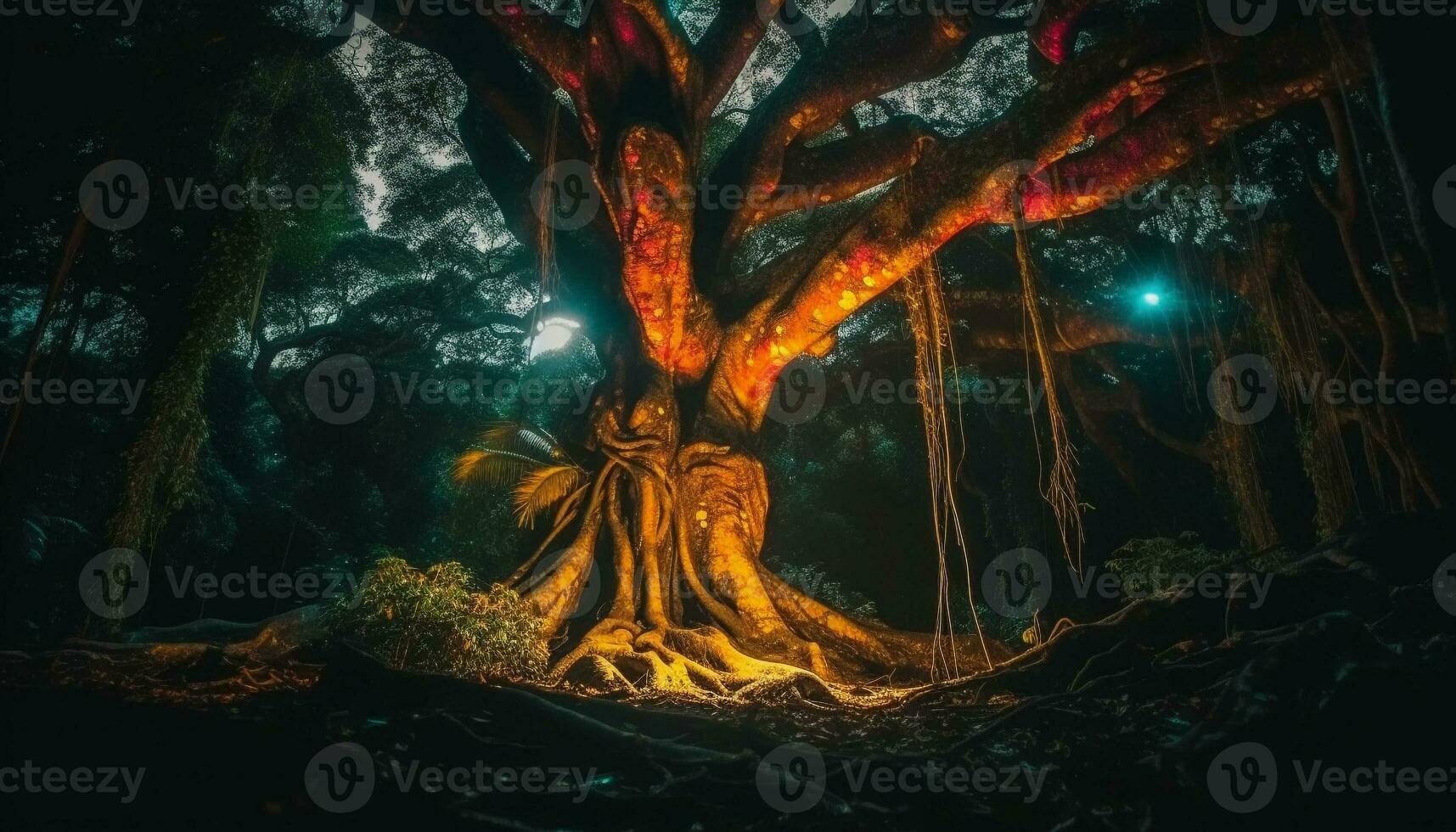 misterioso antiguo bosque iluminado por azul fuego generado por ai foto