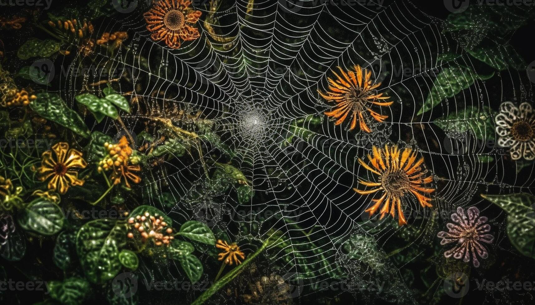 Spooky spider spins web in dark forest generated by AI photo