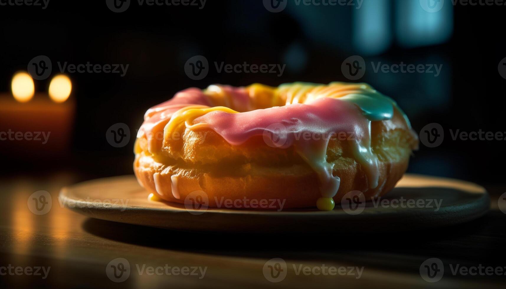 Freshly baked donut with chocolate icing and cream generated by AI photo