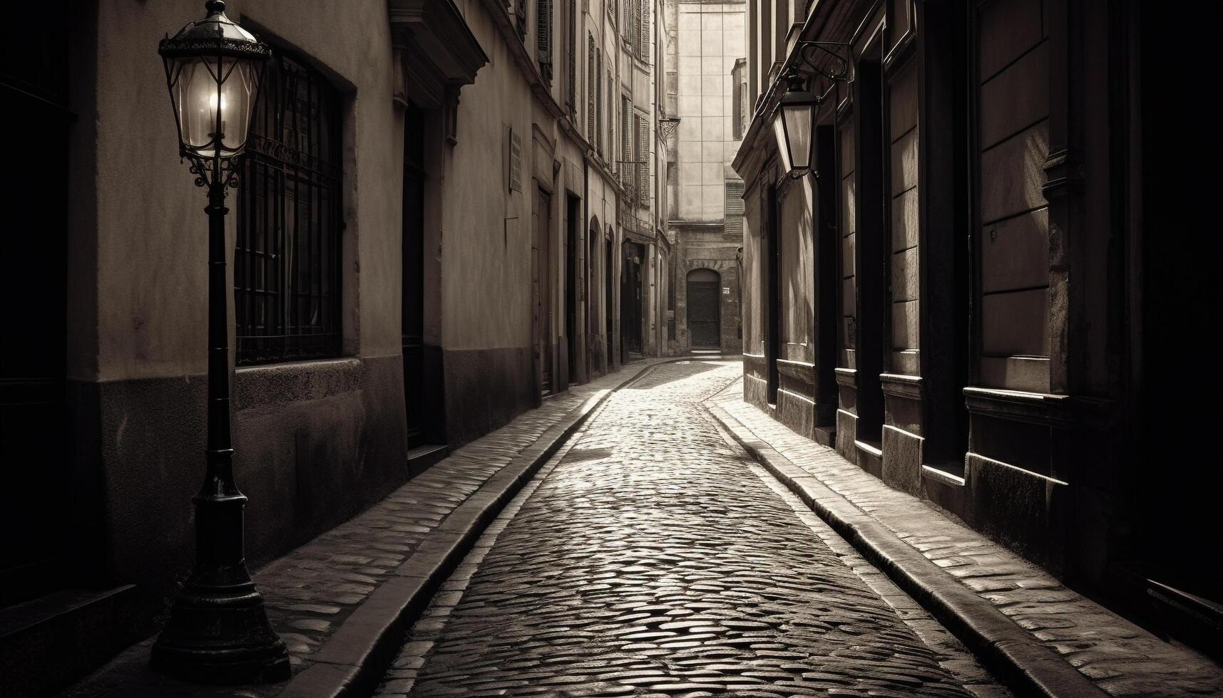 Medieval arches illuminate narrow Italian footpath at dusk generated by AI photo