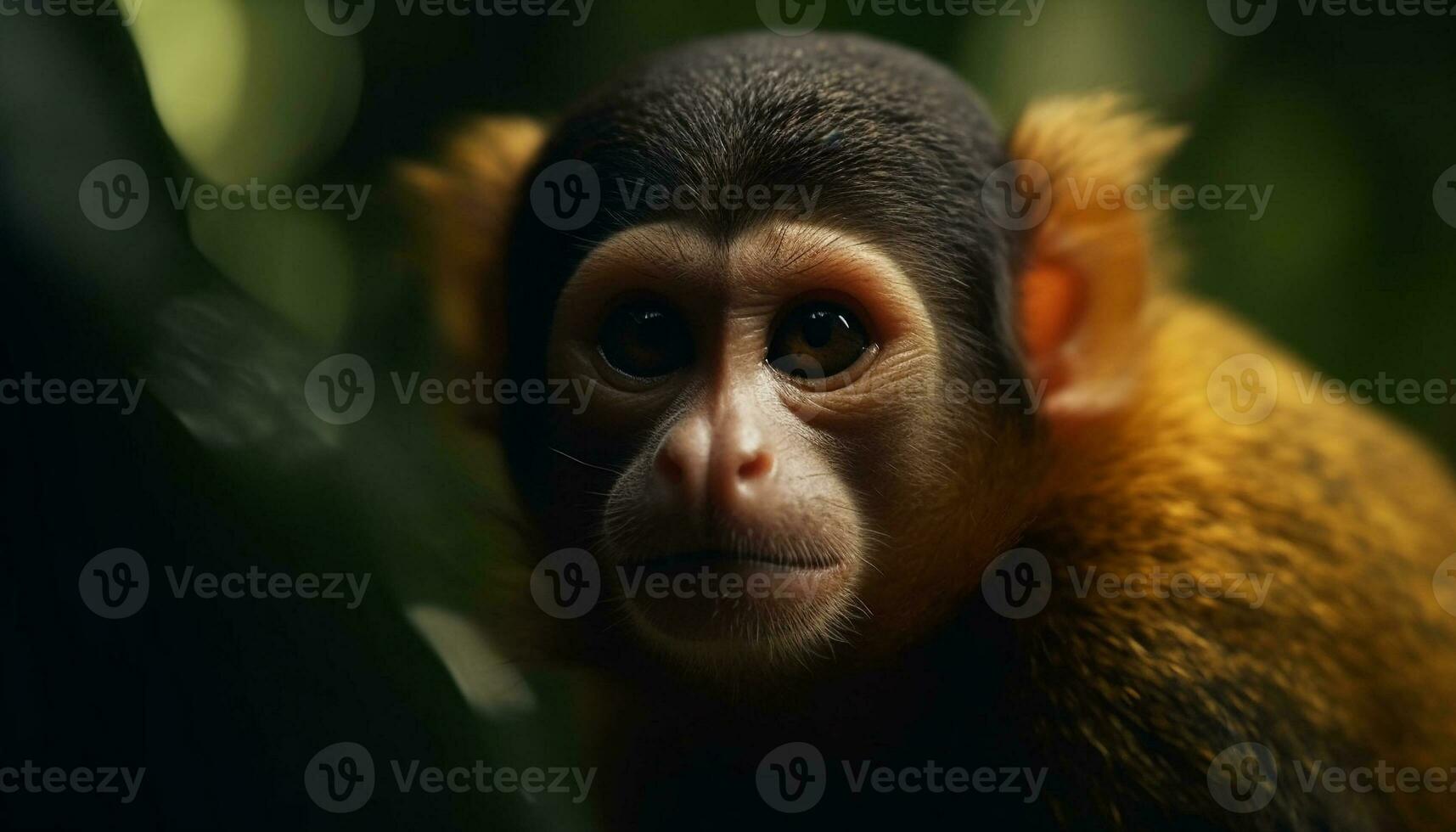 linda joven macaco curioso con selectivo atención generado por ai foto