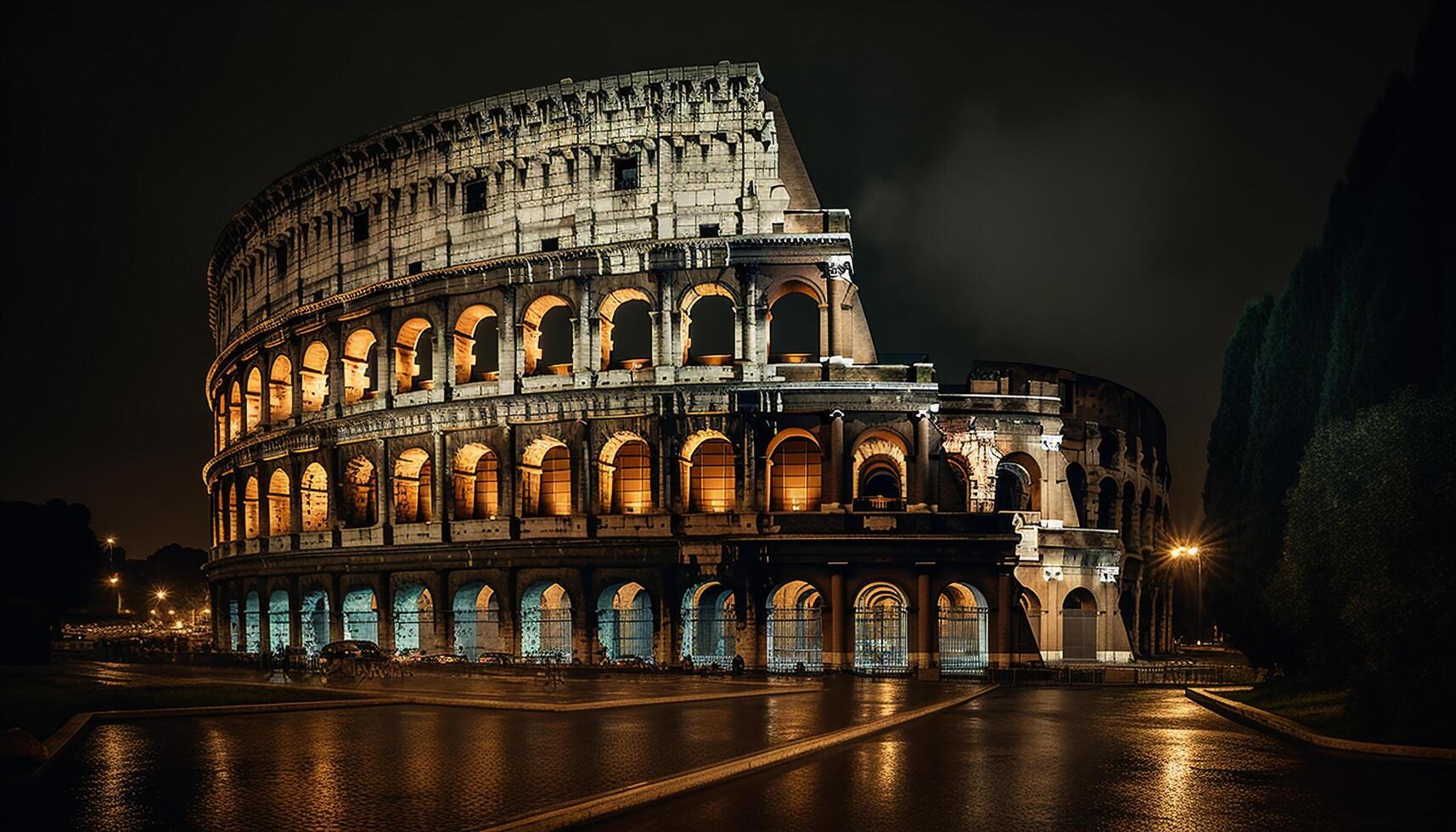 majestuoso arquitectura iluminado a noche, un punto de referencia reflexión generado por ai foto