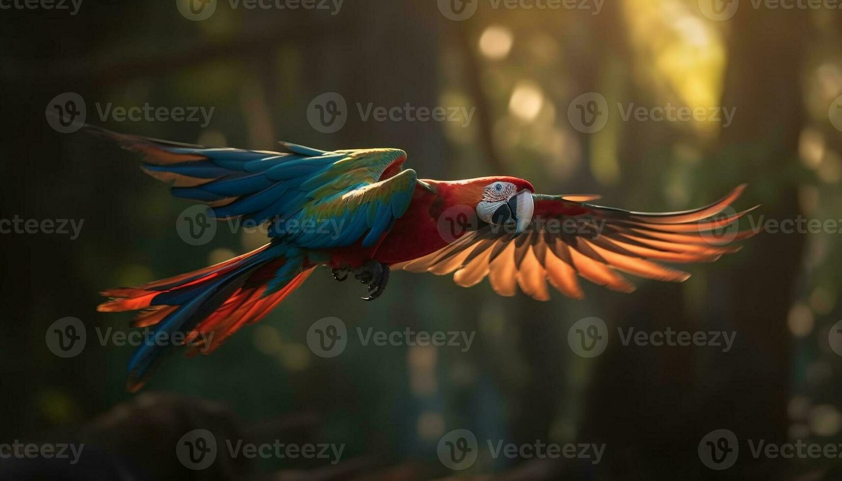 Vibrant macaw perched on branch in forest generated by AI photo