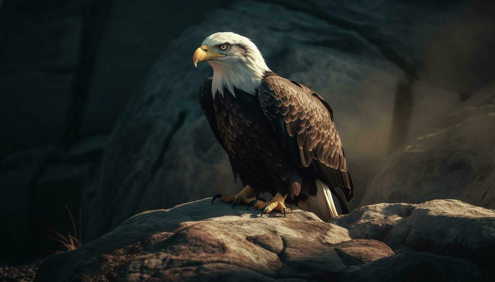 Majestic bald eagle perching on branch outdoors generated by AI photo