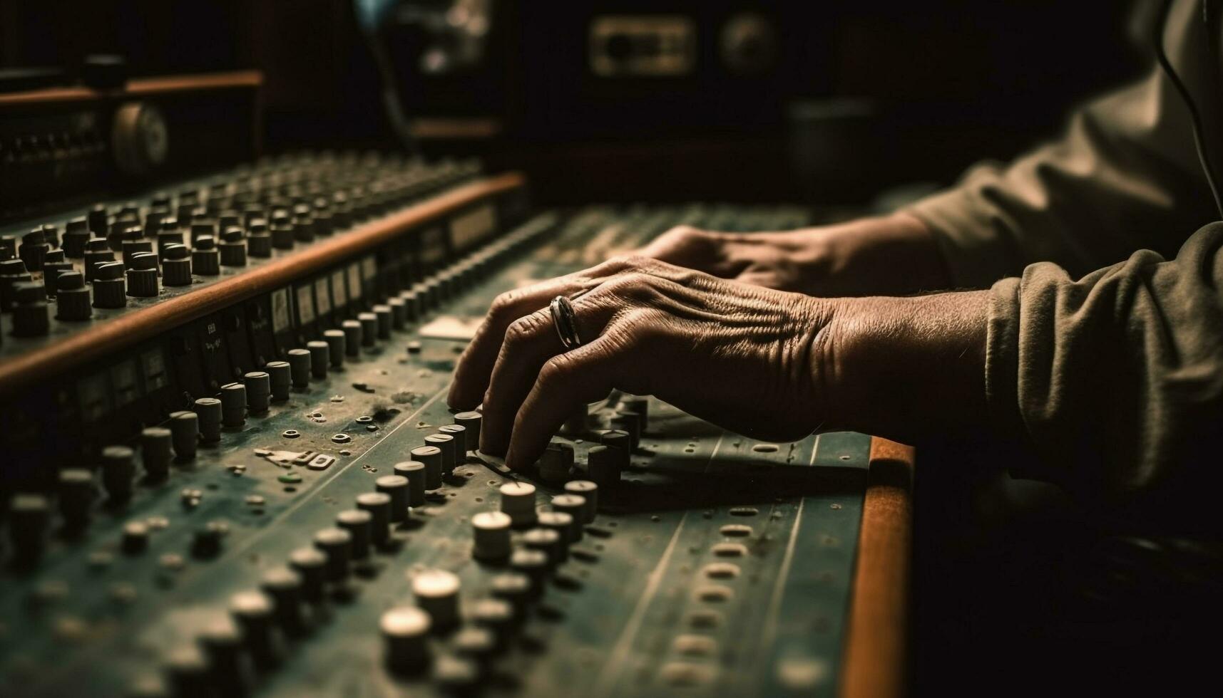 Expert musician adjusting sound mixer in recording studio generated by AI photo