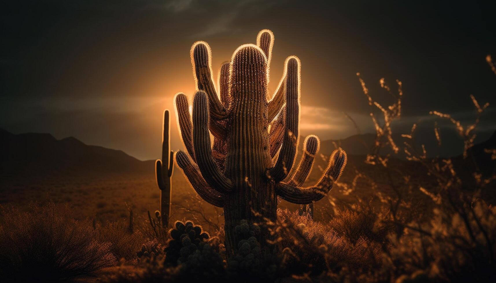 Silhouette of saguaro cactus in desert sunset generated by AI photo