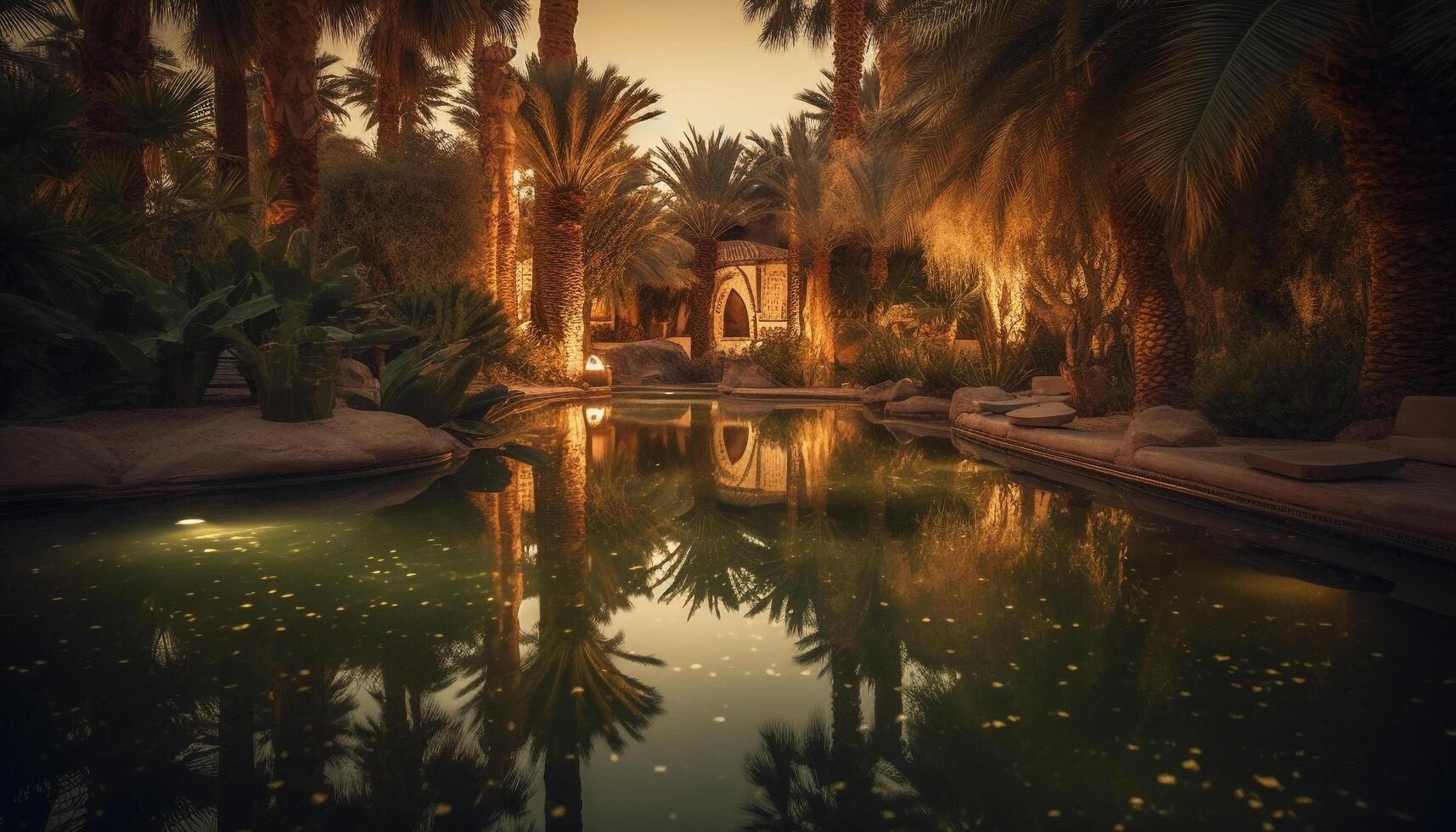 Tropical palm trees reflect in tranquil pool water generated by AI photo