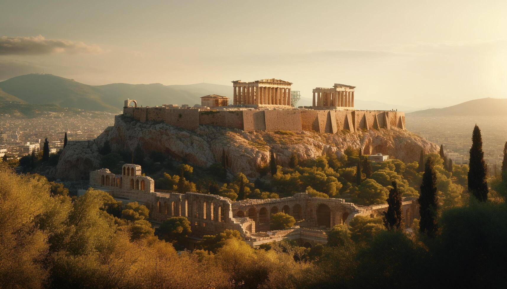 Ancient ruins with sunsetin nature generated by AI photo