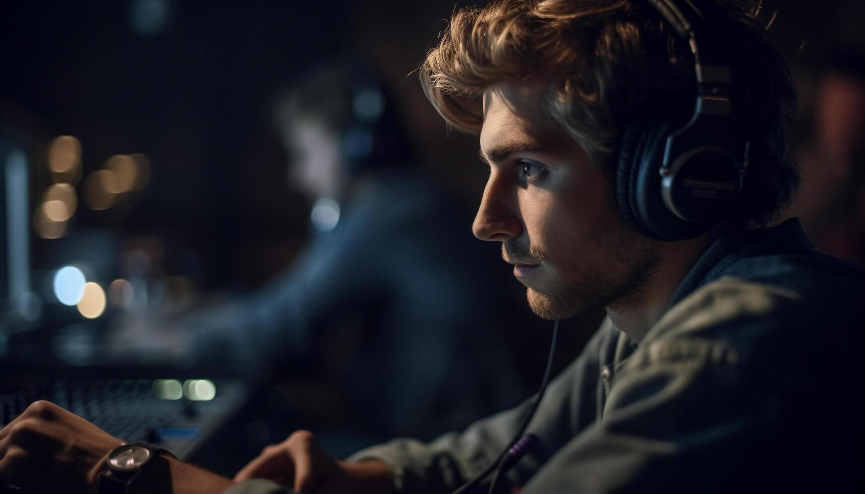 One man enjoying music with wireless headphones generated by AI photo