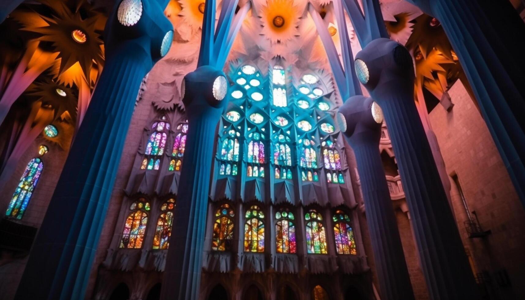 Illuminated gothic basilica, stained glass, vibrant colors generated by AI photo