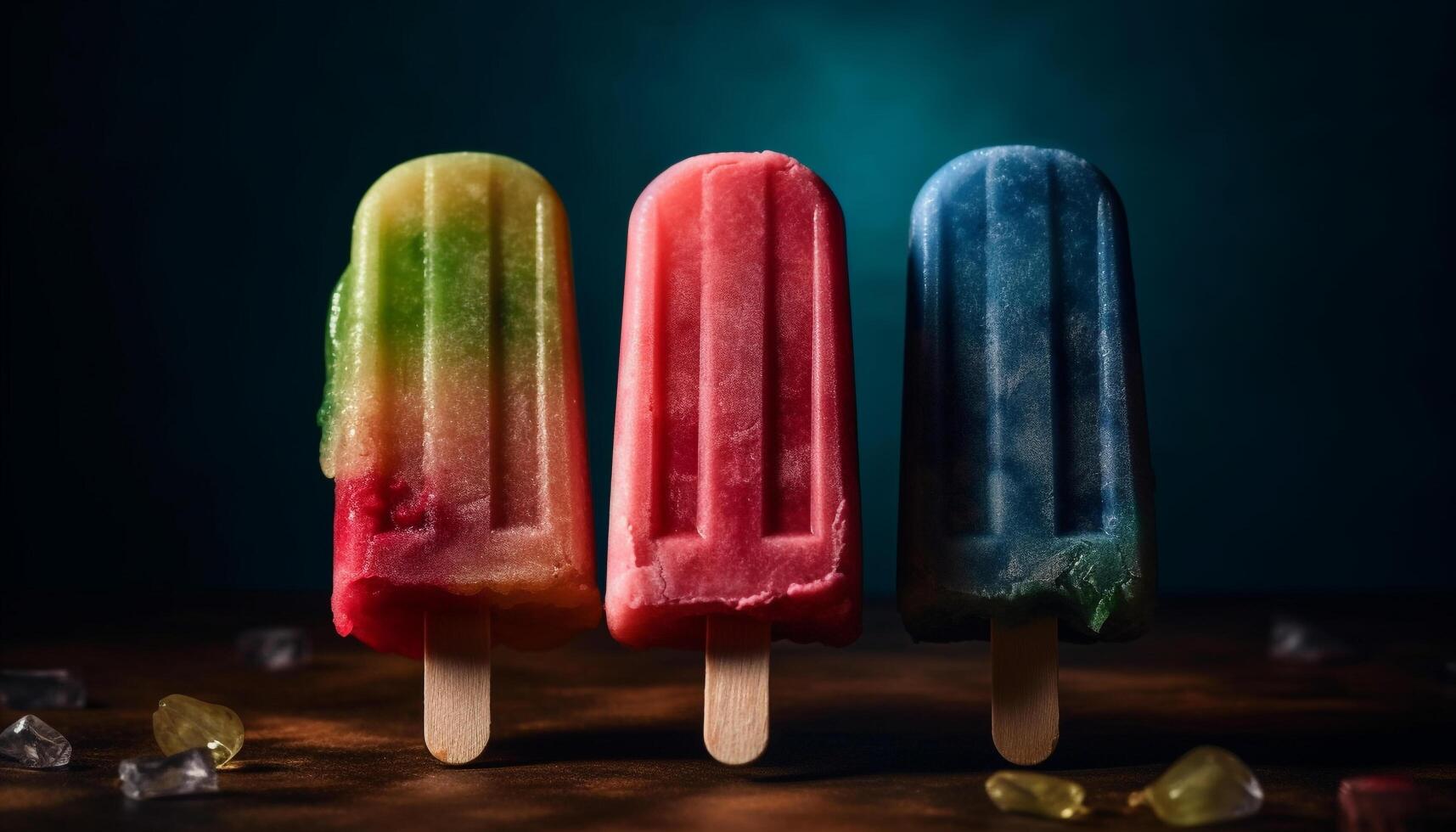 popsicle sticks hold fruity frozen treats generated by AI photo