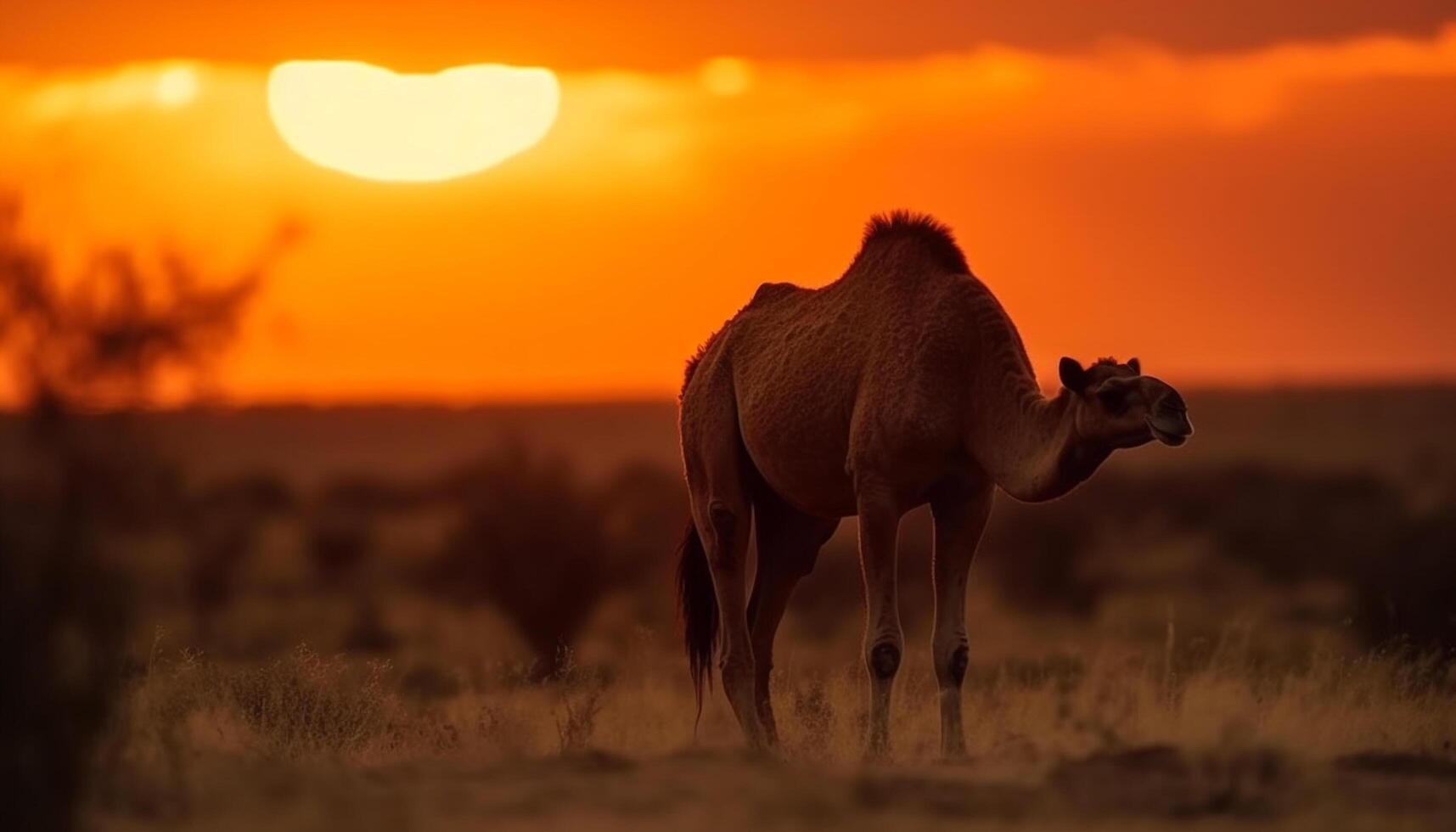 Silhouette of dromedary camel grazing in wilderness generated by AI photo