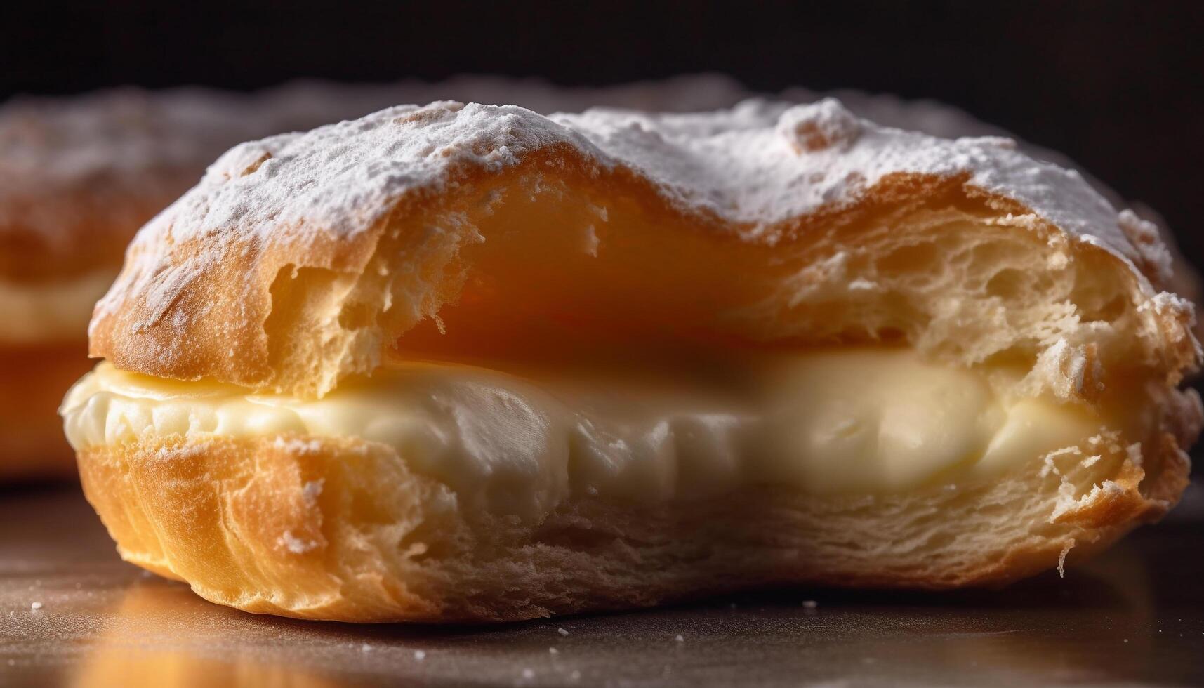 dulce Pastelería rebanada en de madera corte tablero generado por ai foto