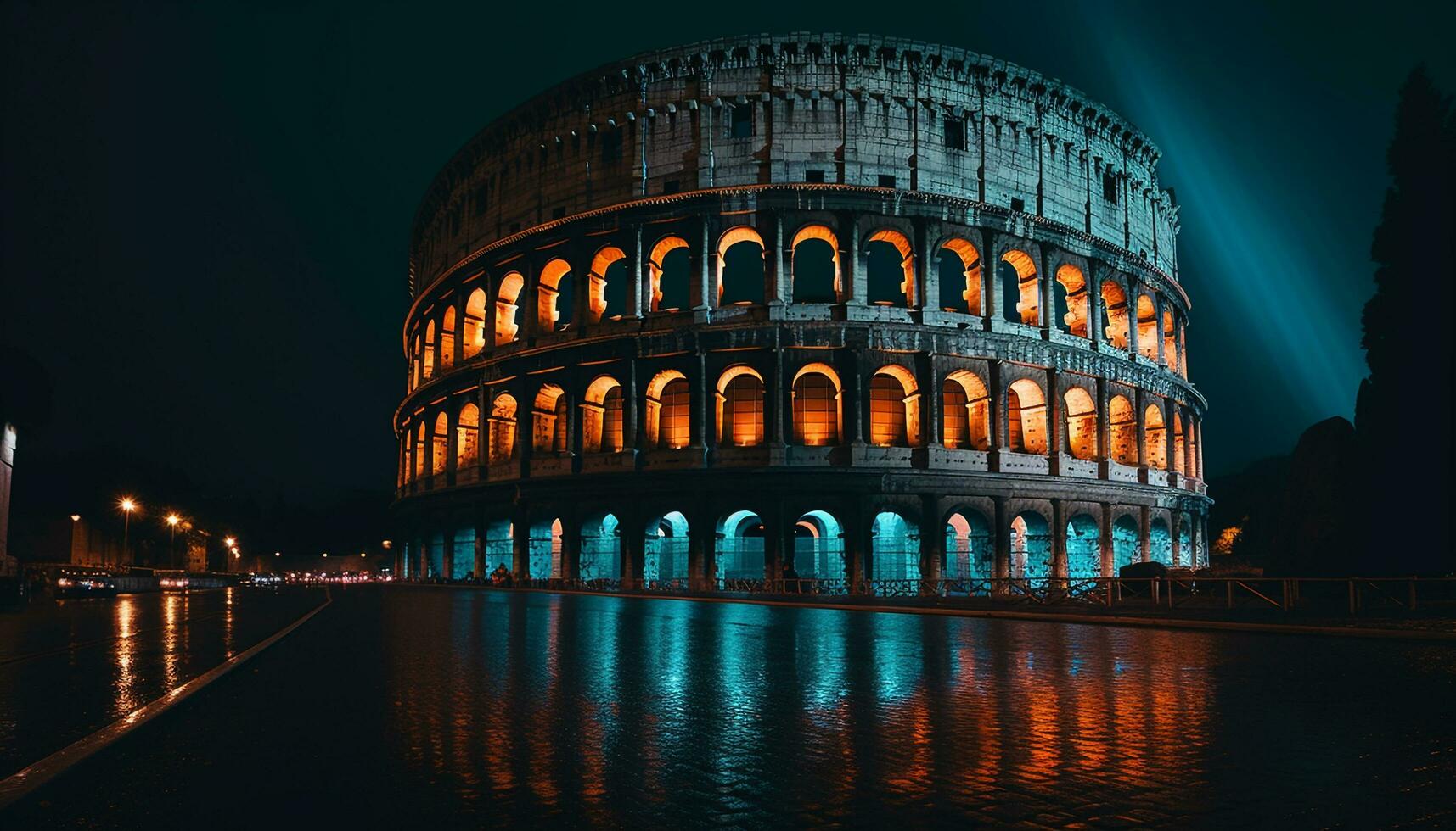 Illuminated arches reflect on water, ancient history illuminated generated by AI photo