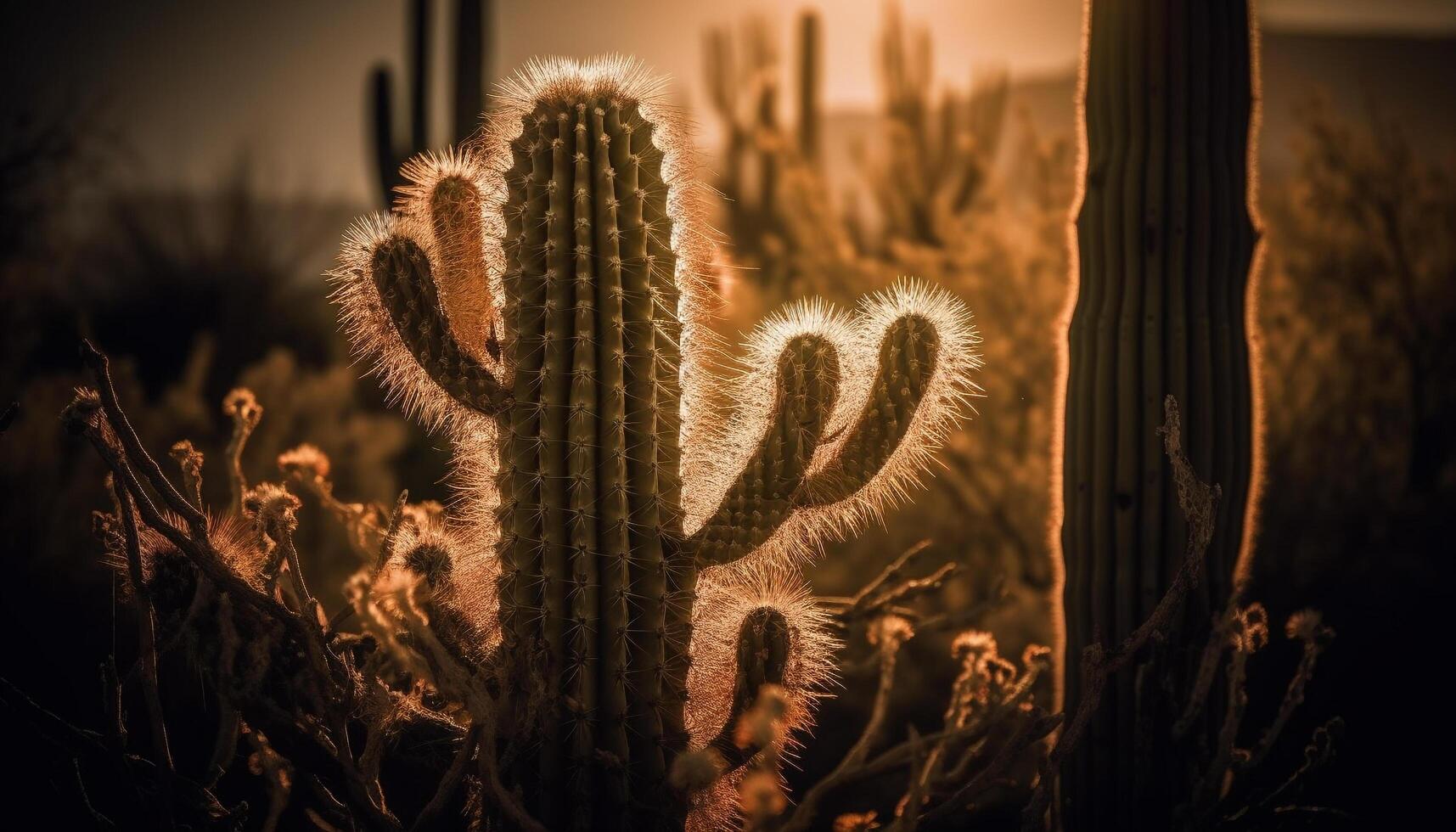 saguaro cactus espalda iluminado por puesta de sol belleza generado por ai foto