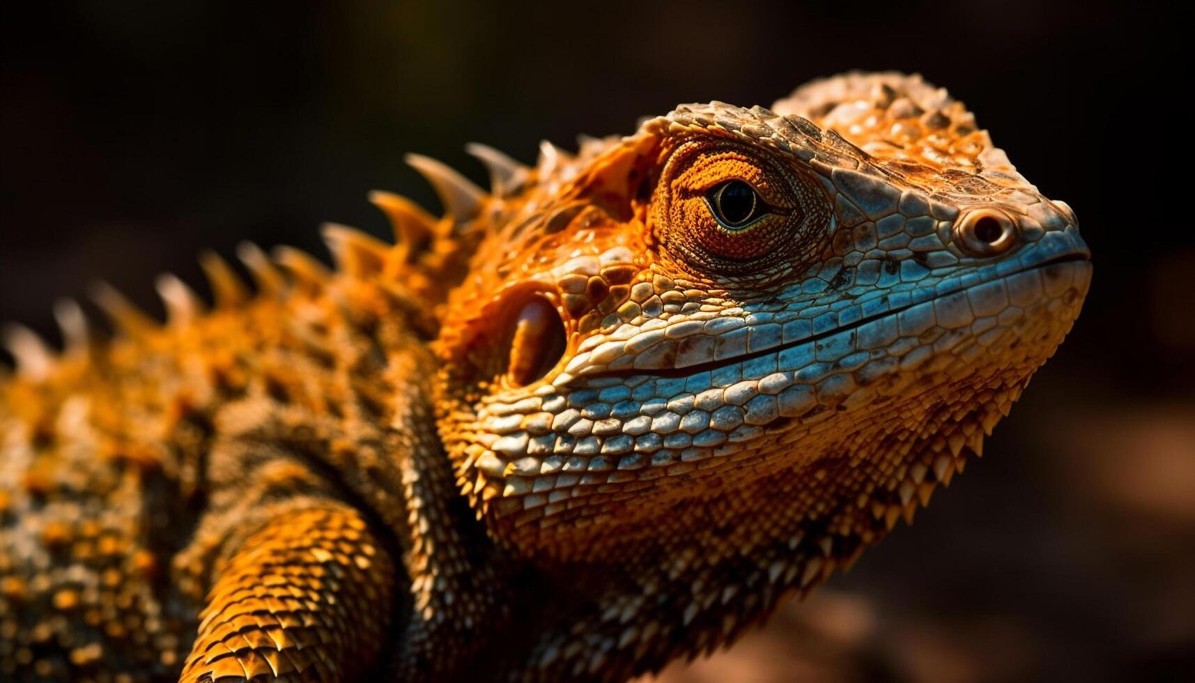 Green iguana crawls on branch, looking ahead generated by AI photo