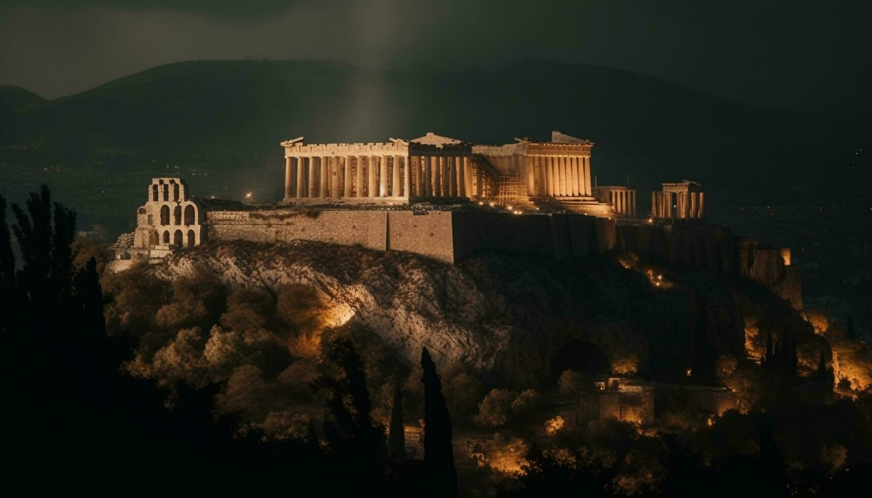 majestuoso restos de antiguo griego Dioses iluminado a oscuridad generado por ai foto