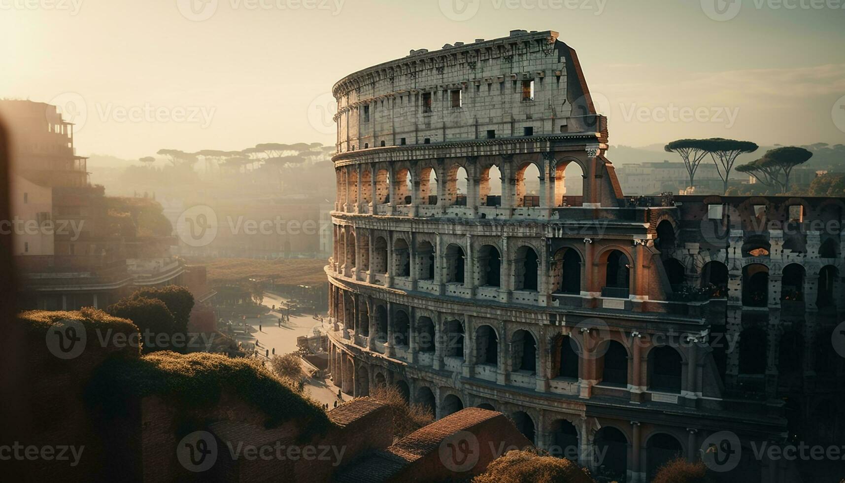 Sunset illuminates ancient ruins in Italian cityscape generated by AI photo