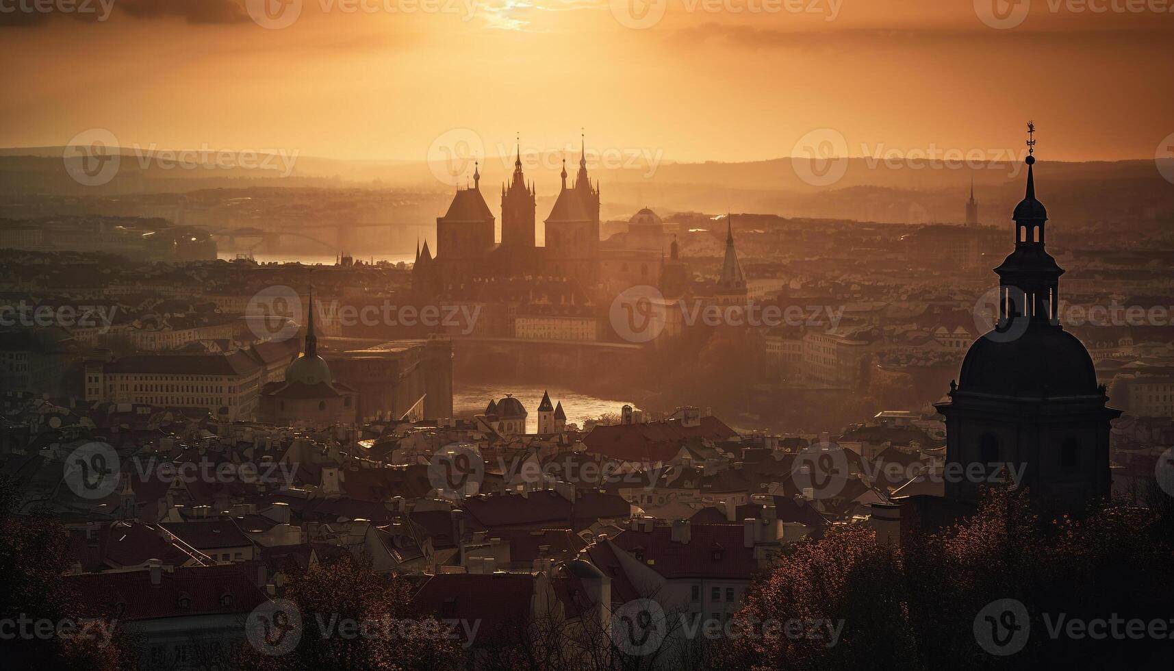 Gothic spires silhouette ancient basilica at twilight generated by AI photo