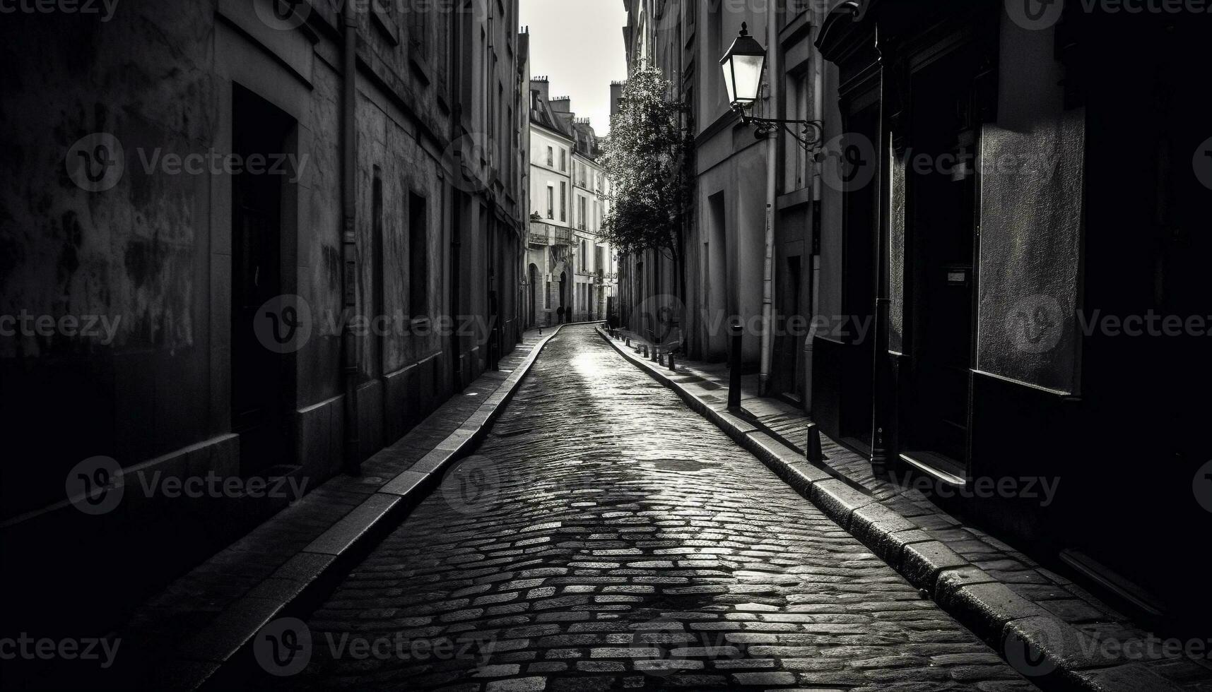 Medieval arches line empty cobblestone street at dusk generated by AI photo