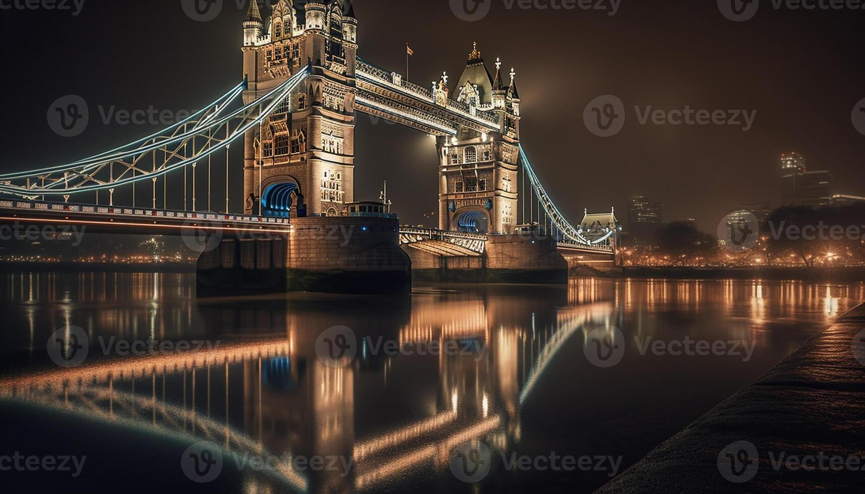 Illuminated suspension bridge majestically reflects in water generated by AI photo