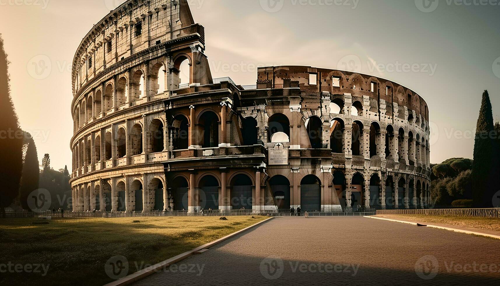 Ancient architecture illuminated by sunset, majestic journey generated by AI photo