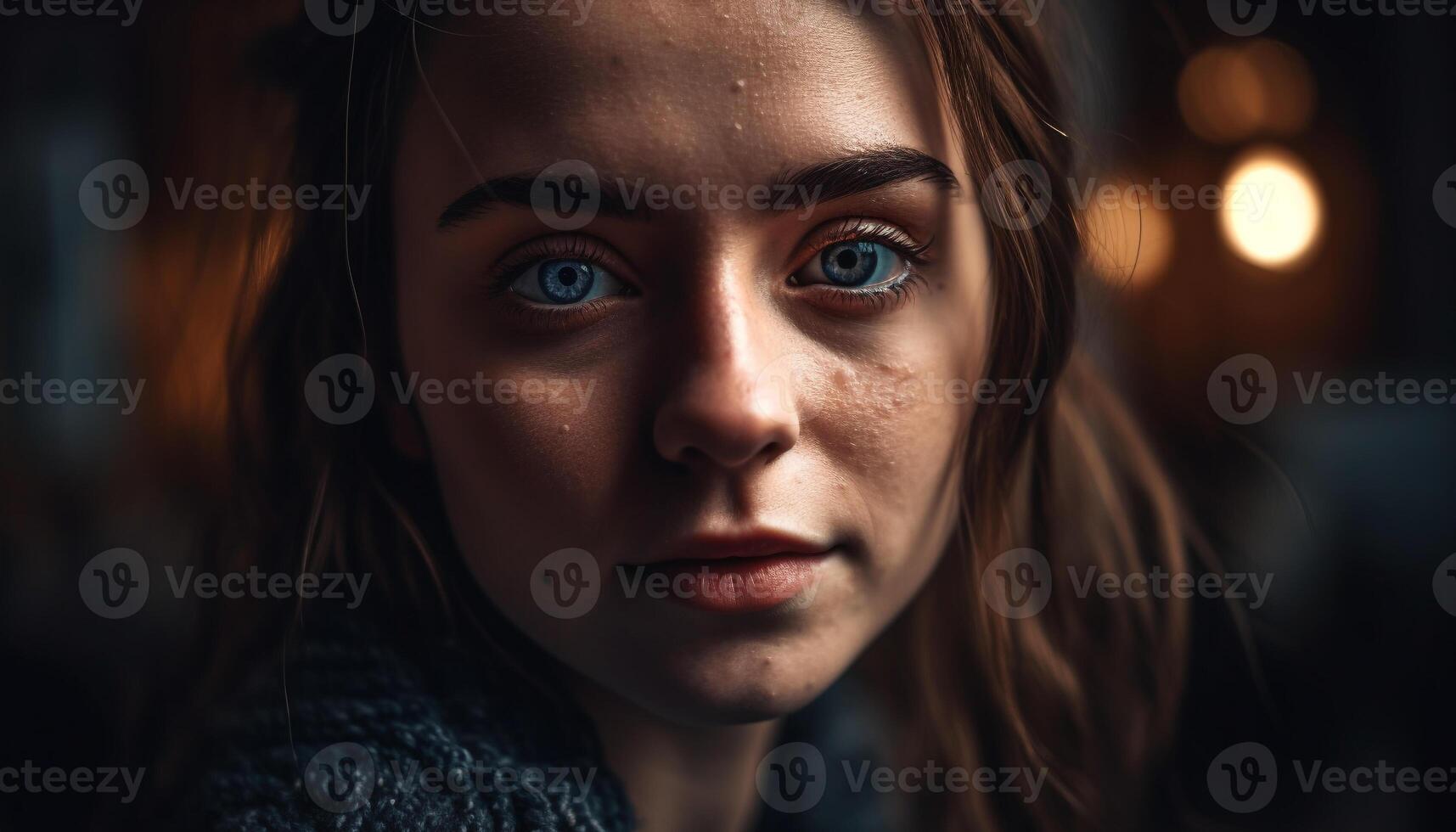 Young woman with brown hair smiling outdoors generated by AI photo