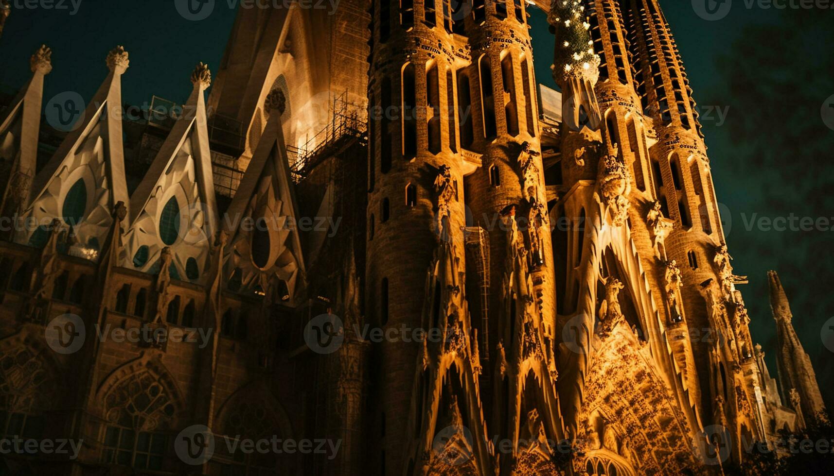 Gothic basilica illuminated at night, a landmark generated by AI photo