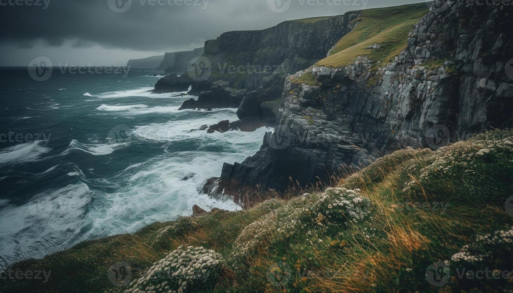 Majestic cliff, eroded by waves, at sunset generated by AI photo