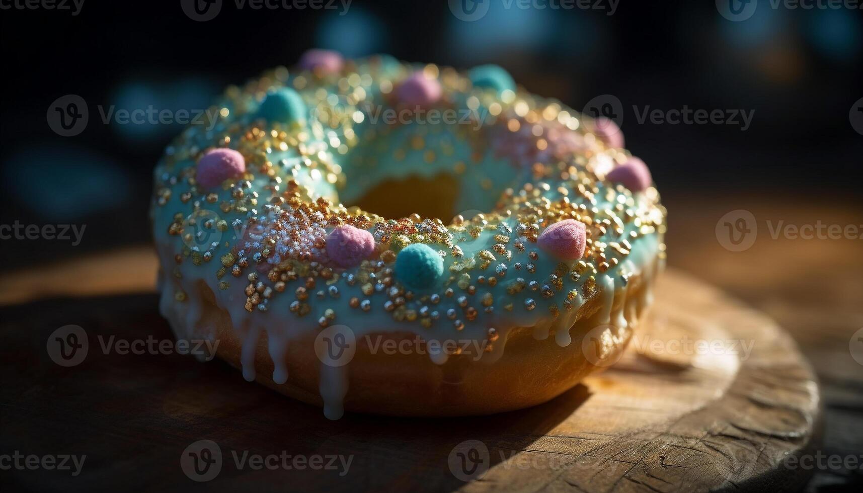 Freshly baked donut with chocolate icing temptation generated by AI photo