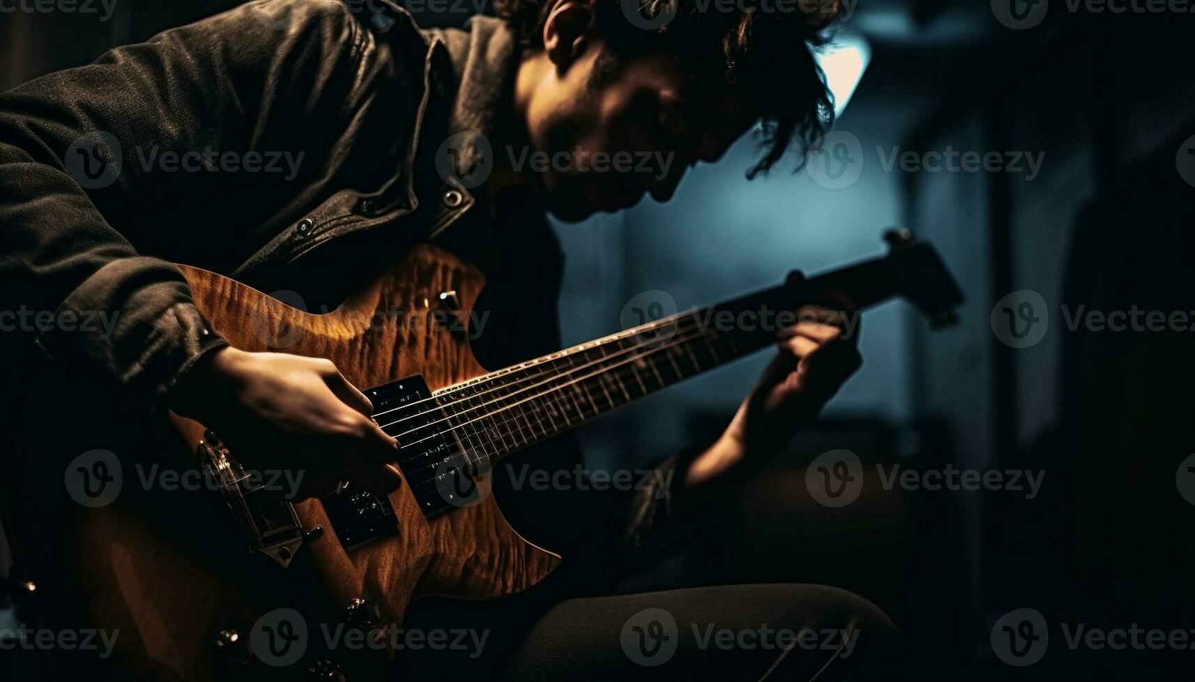 Caucasian guitarist playing electric guitar on stage generated by AI photo