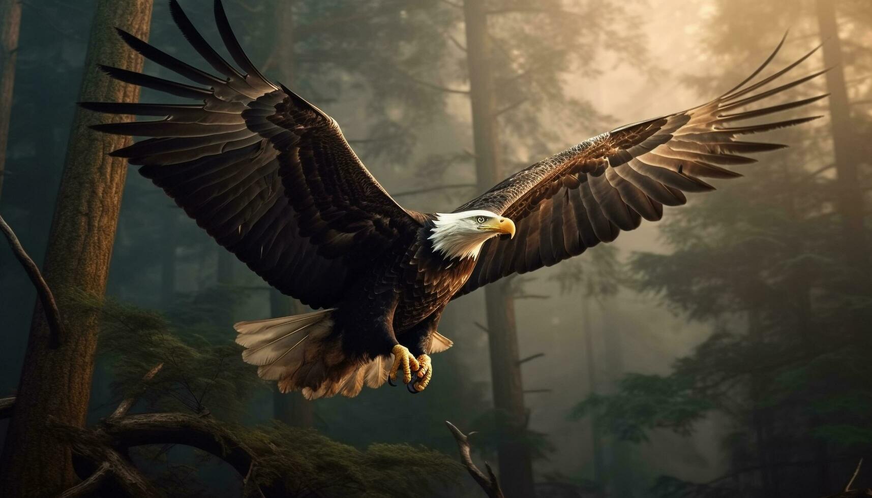 Majestic bald eagle spreads wings in flight generated by AI photo