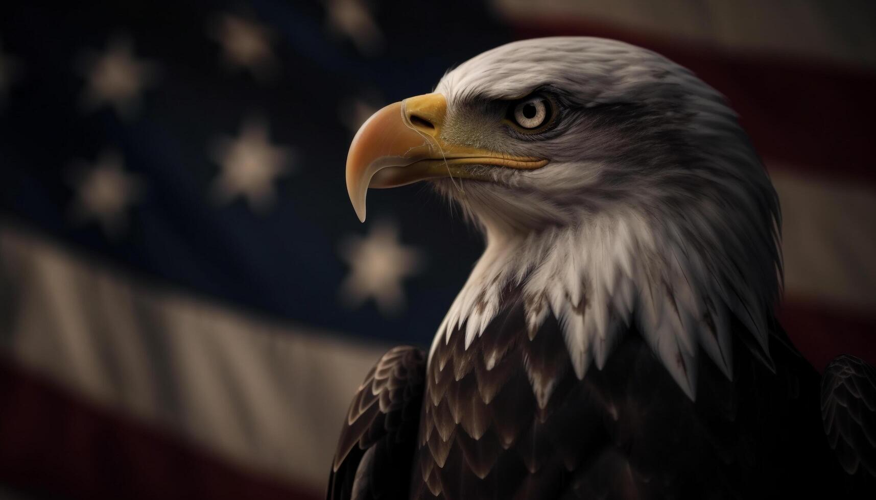 Majestic bald eagle perching with American flag generated by AI photo