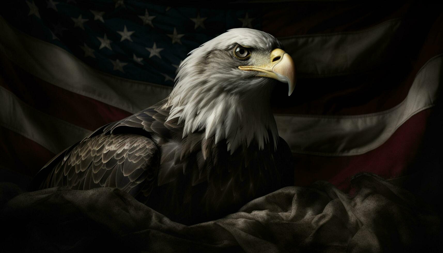 majestuoso calvo águila encaramado, mirando a bandera generado por ai foto