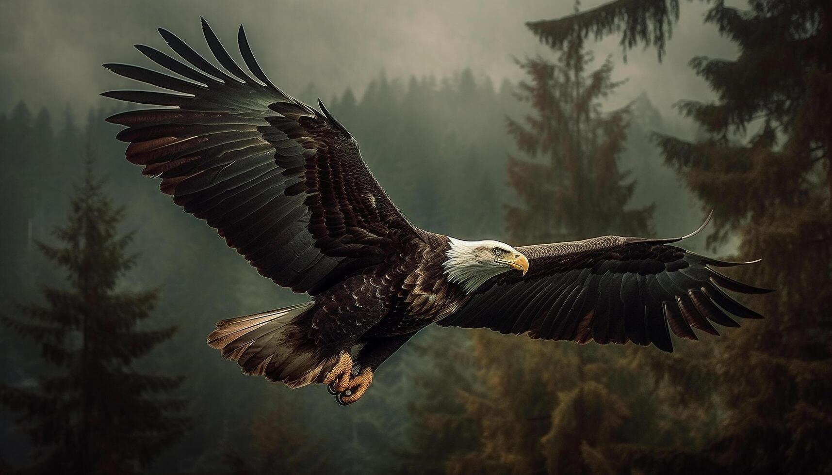 majestuoso calvo águila se extiende alas en vuelo generado por ai foto