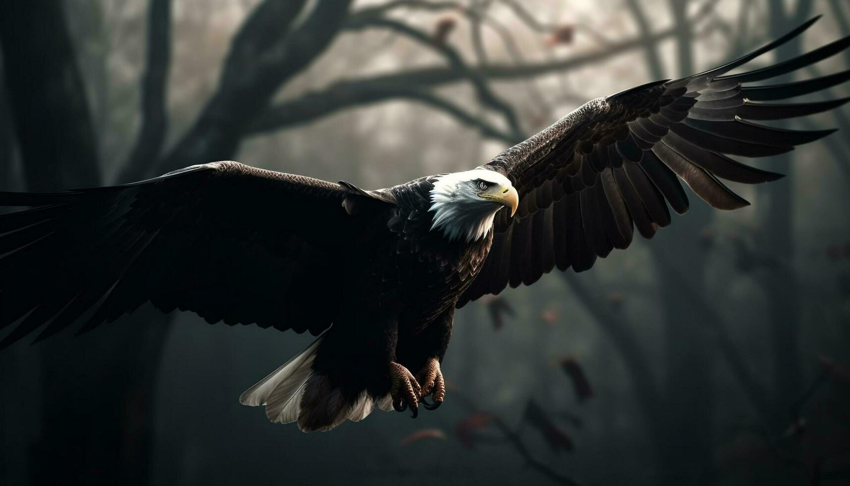 Spread wings of majestic bald eagle flying generated by AI photo