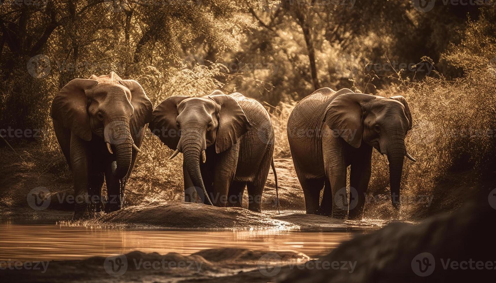 Large African elephant herd walking through tranquil wilderness generated by AI photo