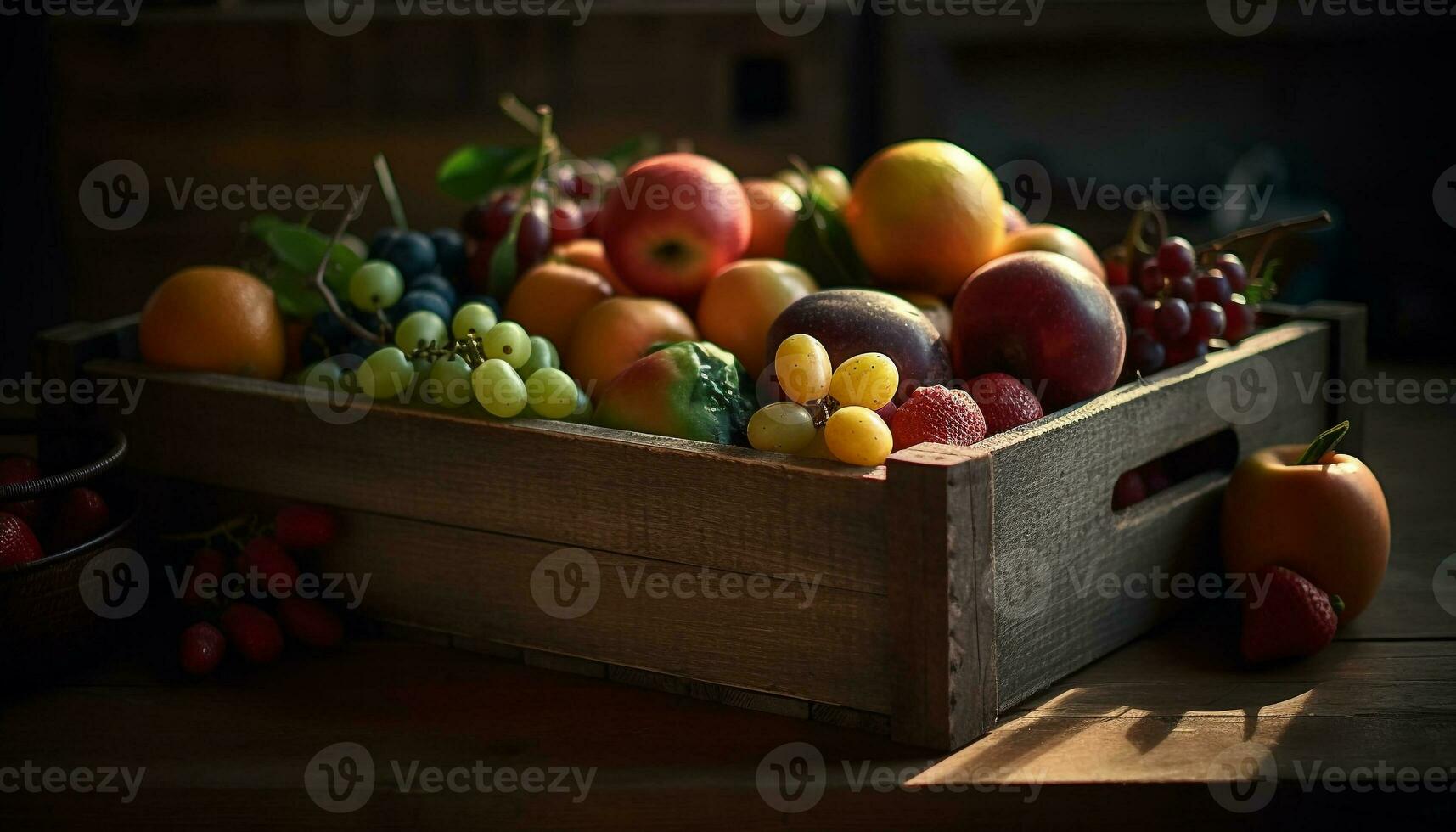 Abundance of fresh, organic fruit in rustic crate generated by AI photo