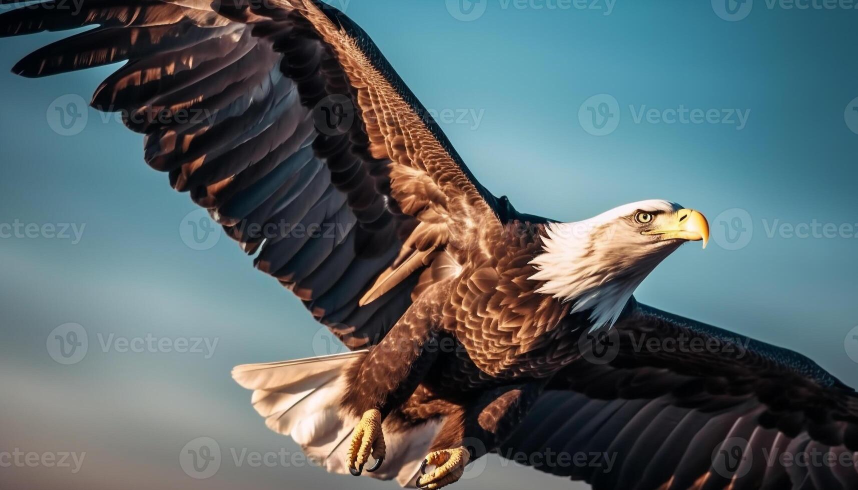 untado alas, majestuoso calvo águila en vuelo generado por ai foto