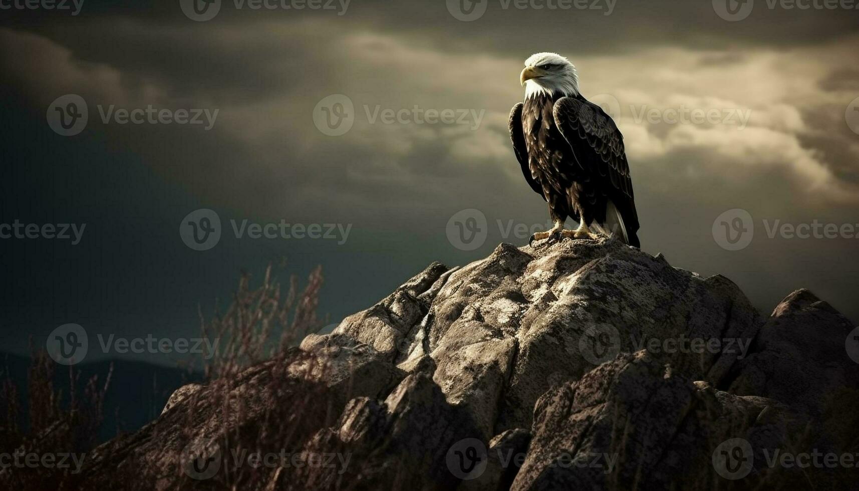 Majestic bald eagle perching on mountain cliff generated by AI photo