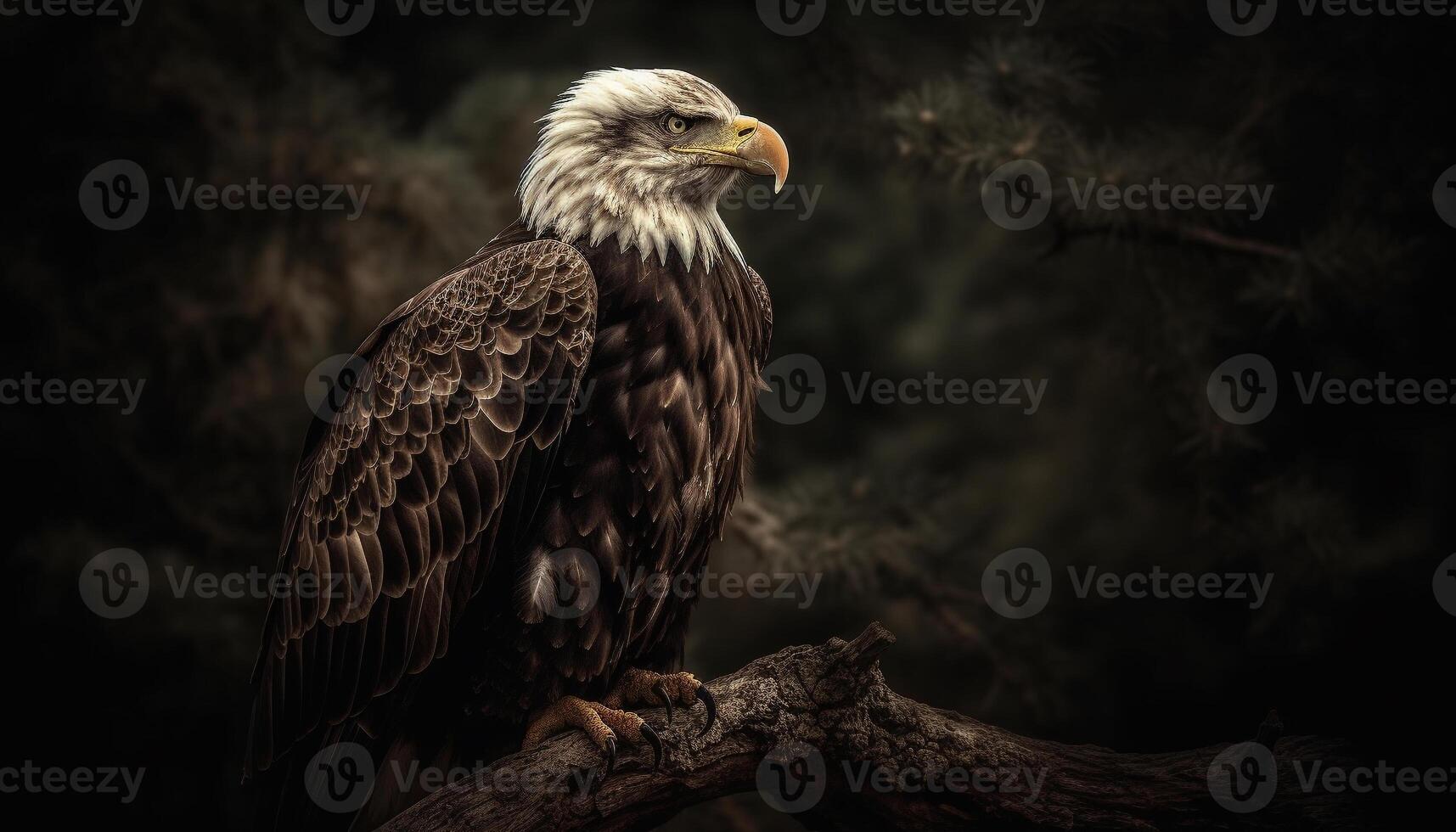 Majestic bald eagle perched on tree branch generated by AI photo